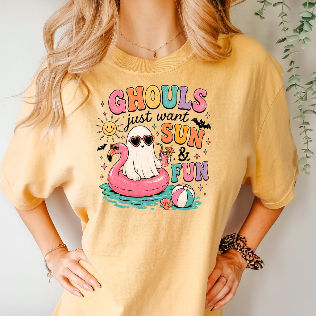 Yellow crew-neck T-shirt with “GHOULS just want SUN & FUN” graphic