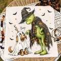 Halloween graphic tee, white with green witch, white dog, bats, stars, and 'Boop' print