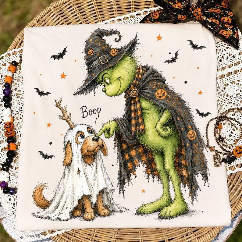 Halloween graphic tee, white with green witch, white dog, bats, stars, and 'Boop' print