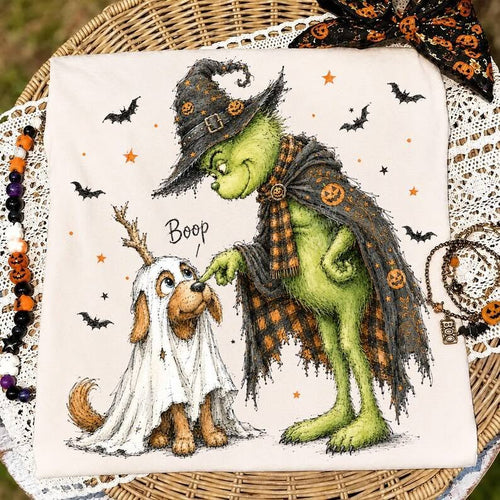 Halloween graphic tee, white with green witch, white dog, bats, stars, and 'Boop' print