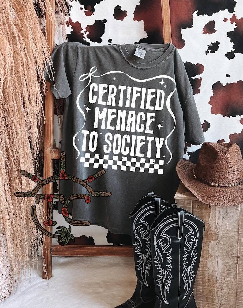 Dark gray men's graphic tee with white 'Certified Menace to Society' text and checkered print