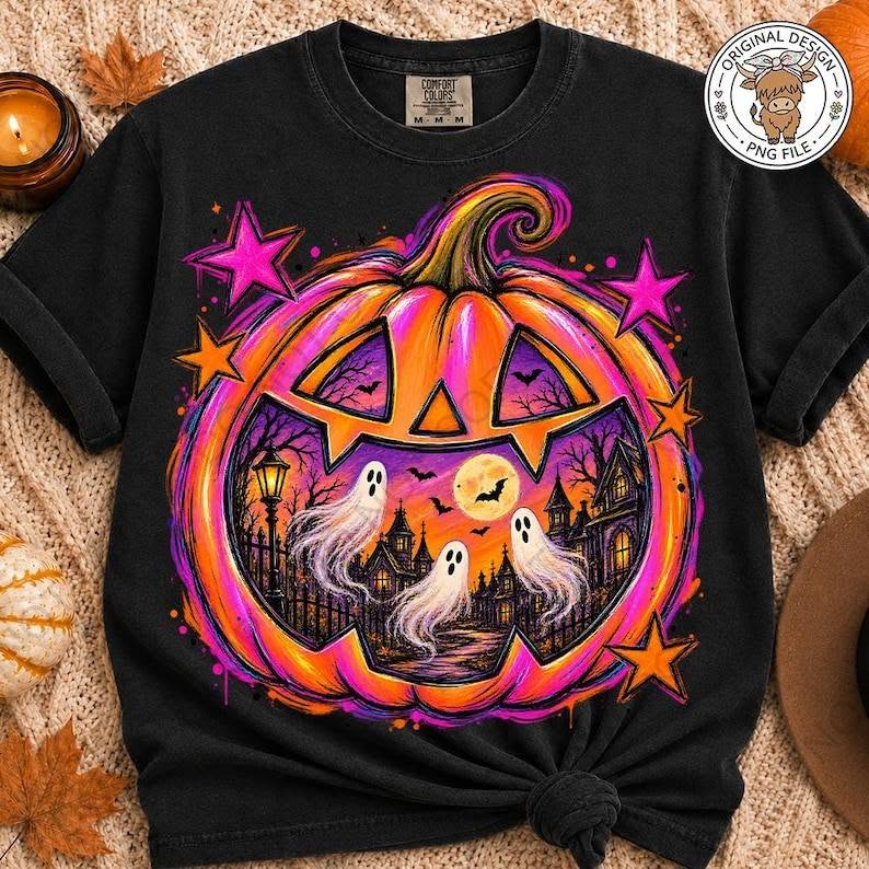 Black graphic tee with rainbow pumpkin and ghost scene, stars and jack-o’-lantern print