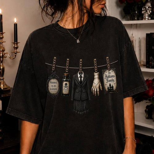 Black graphic T-shirt with Addams Family clothesline characters print