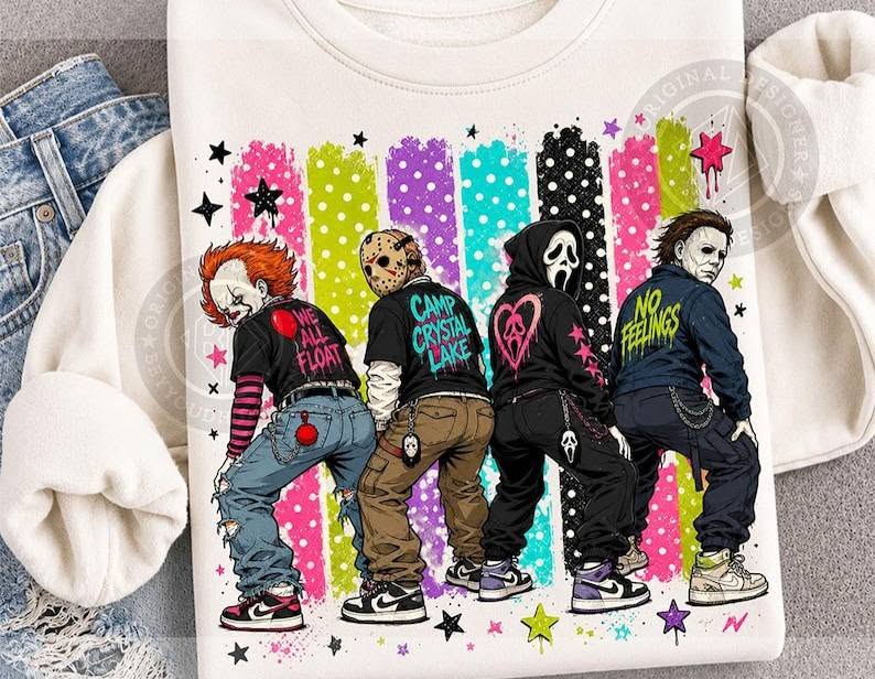 White graphic crewneck tee with twerking characters, stars, and multicolor splatter print
