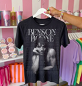 Black Benson Boone graphic T-shirt with large portrait and stacked text on front