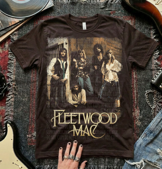 Fleetwood Mac graphic T-shirt in dark brown with band photo and Fleetwood Mac logo