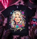 Black crew-neck graphic T-shirt with colorful portrait and floral details