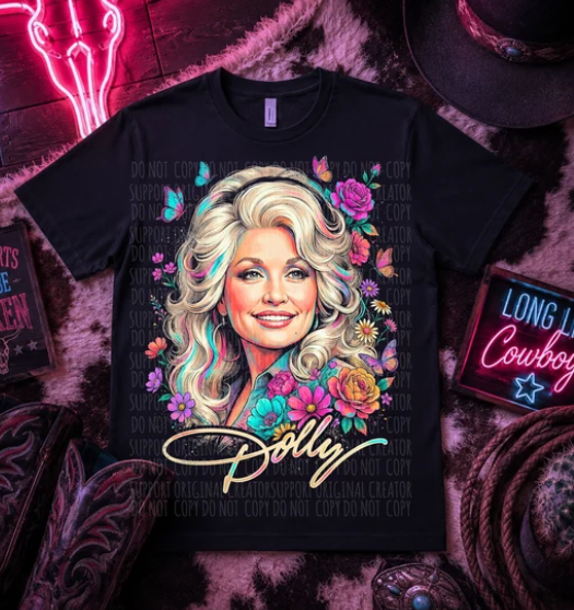 Black crew-neck graphic T-shirt with colorful portrait and floral details