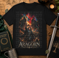 Black Aragorn graphic T-shirt with fiery portrait print