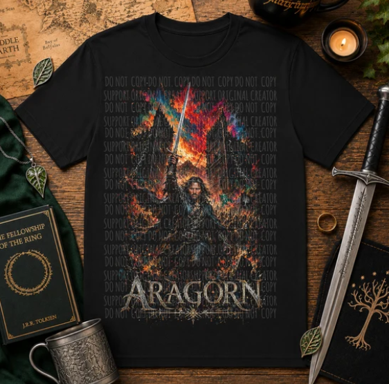 Black Aragorn graphic T-shirt with fiery portrait print
