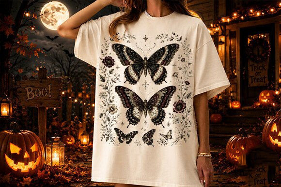 Cream graphic T-shirt with dark butterfly print
