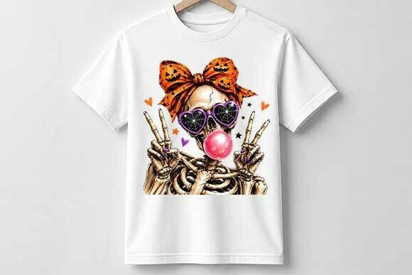 White graphic graphic tee with skeleton hands, purple sunglasses, and orange bow