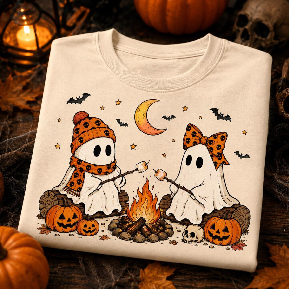 White graphic tee with cartoon ghosts, pumpkins, bats, and a crescent moon