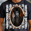 Black graphic crewneck T-shirt with oval portrait and gothic artwork front