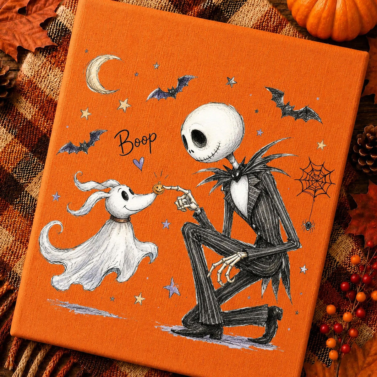 Orange graphic T-shirt with Halloween ghost, bats, moon, and jack-o-lantern face