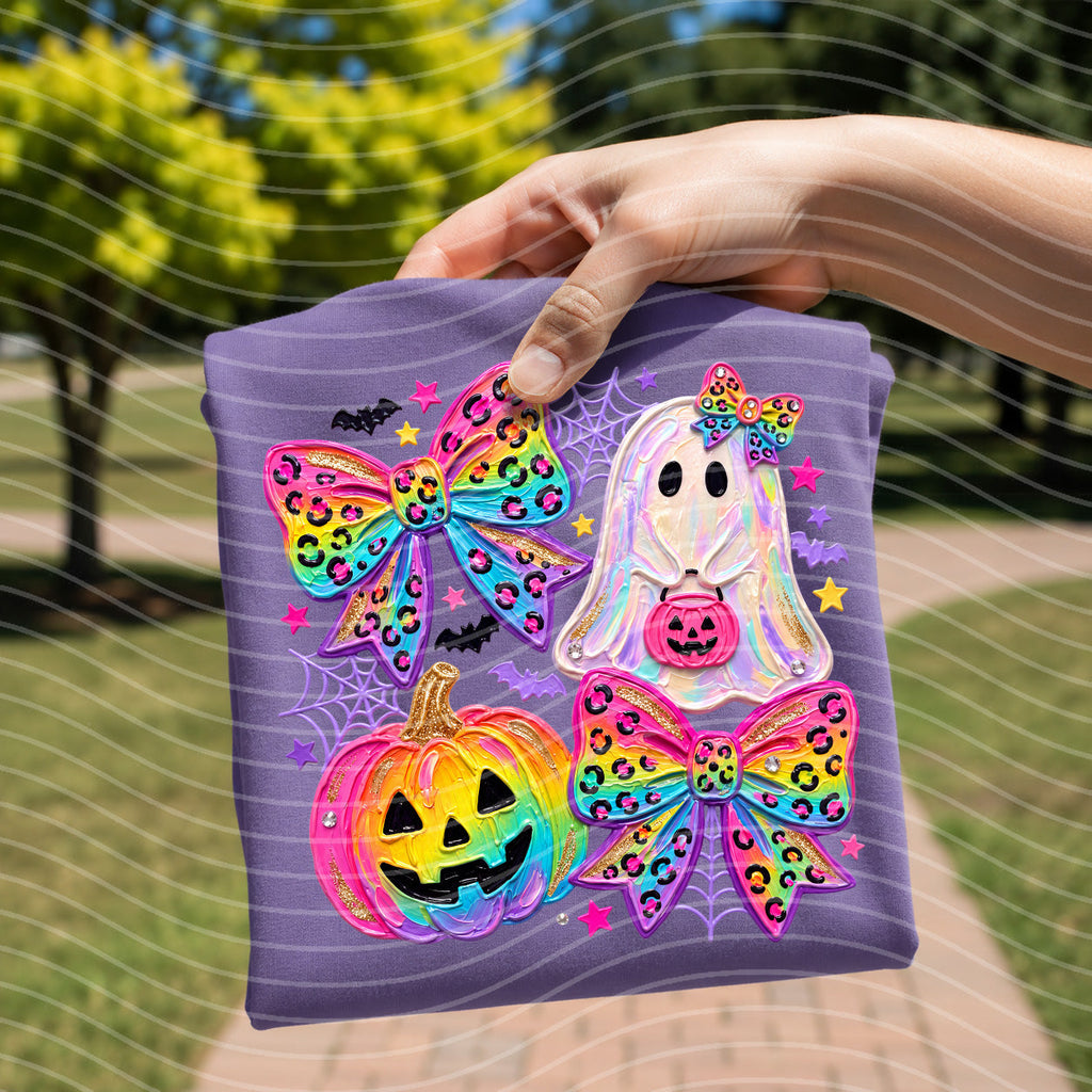 Purple graphic Halloween tee with holographic ghost, bows, jack-o'-lantern, stars