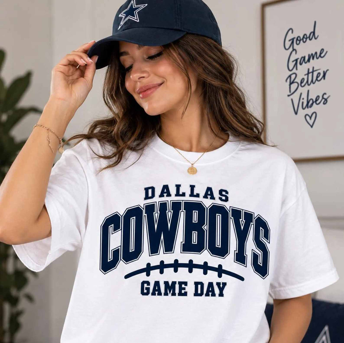 White Dallas Cowboys graphic tee with navy 'Game Day' logo across chest