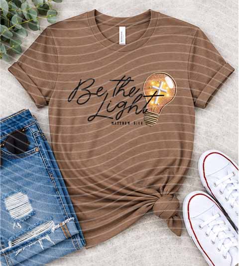 Brown striped graphic tee with 'Be the Light' lightbulb print