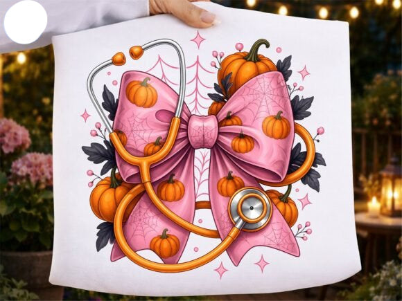 White T-shirt with pink bow, stethoscope graphic, and orange pumpkin Halloween design