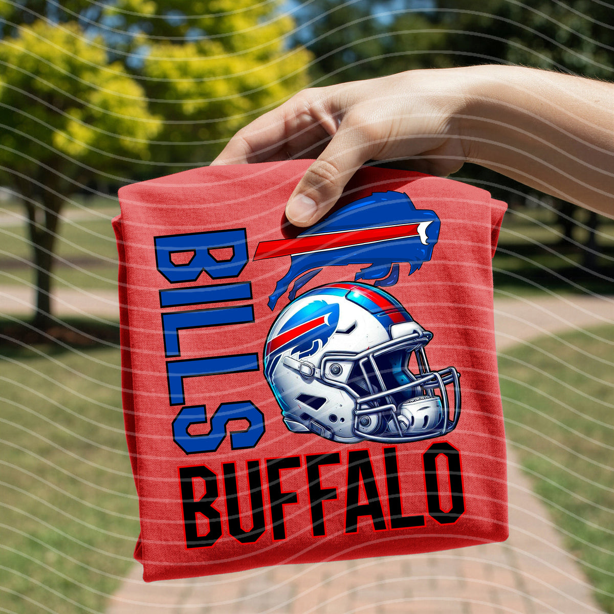 Red graphic tee with football helmet logo and 'Bills' and 'Buffalo' print