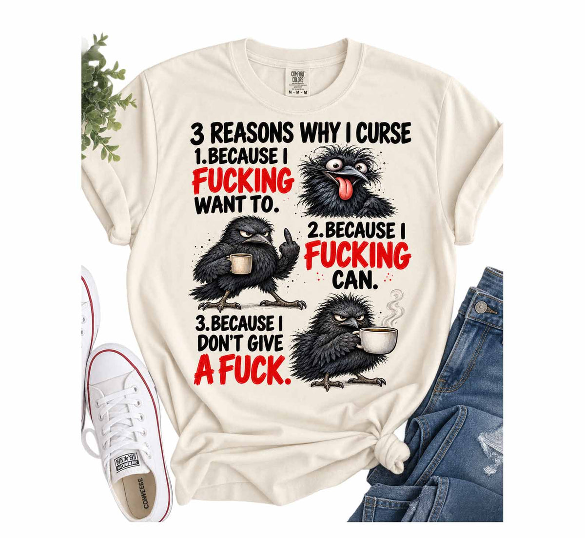 Cream graphic tee with bold "3 Reasons Why I Curse" text and cartoon animals