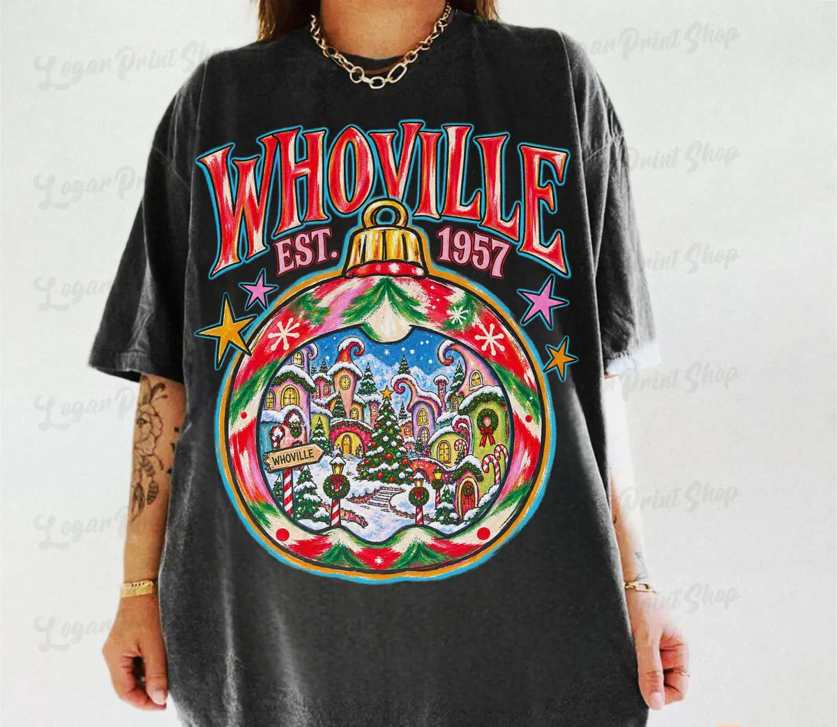 Dark crewneck graphic tee with Whoville Est. 1957 colorful globe design