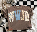 Brown graphic crewneck tee with WWJD letters, crosses, flowers, and original designer
