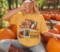 Mustard yellow graphic T-shirt with fall patch-style print and “favorite” text