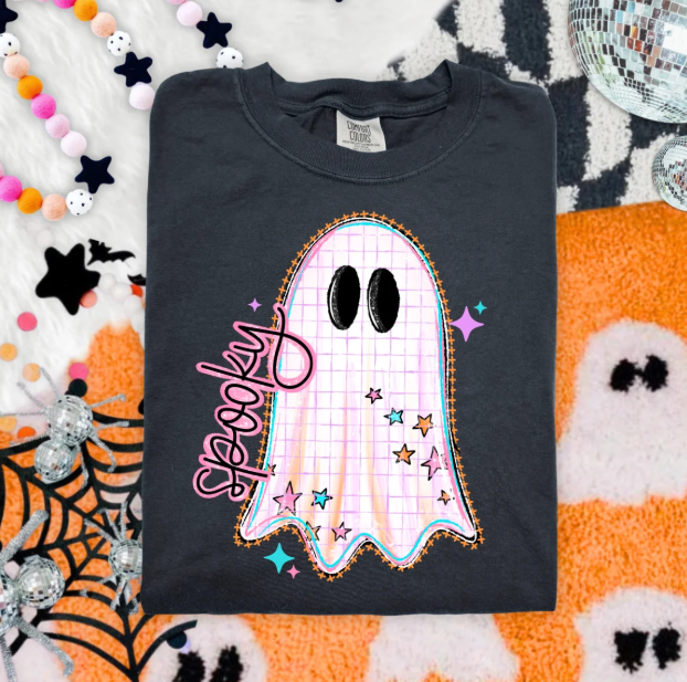 Black crewneck graphic tee with neon ghost and stars front print