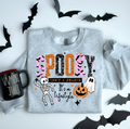 Gray Halloween graphic crewneck sweatshirt with skeleton, bats, pumpkins and slogan print