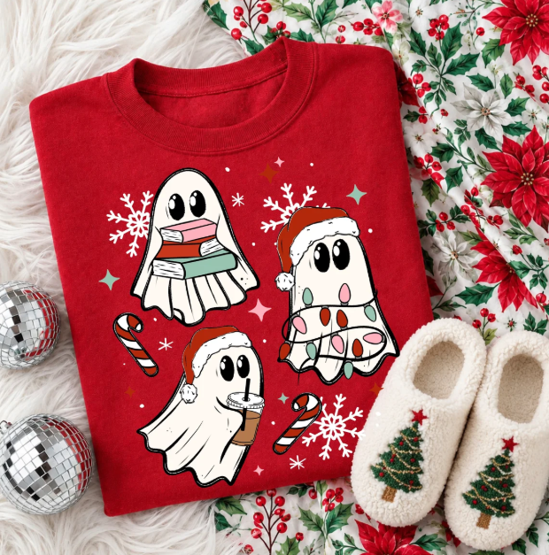 Red graphic tee with three reading ghosts wearing winter hats and scarves