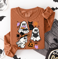 Brown long-sleeve crewneck graphic tee with cartoon ghosts, pumpkin, and bats
