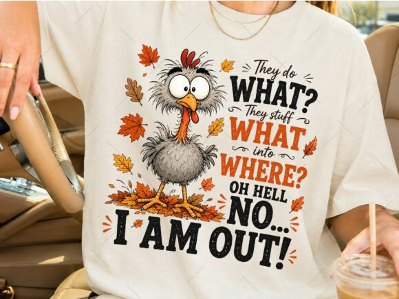 White graphic T-shirt with cartoon bird, autumn leaves, and 'I AM OUT!' text