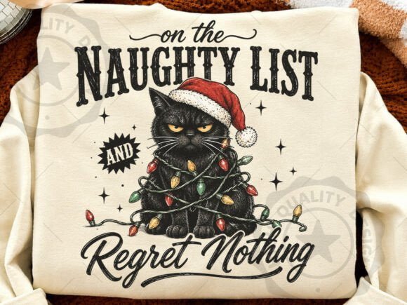White graphic tee with 'Naughty List' text, cat in hat surrounded by lights