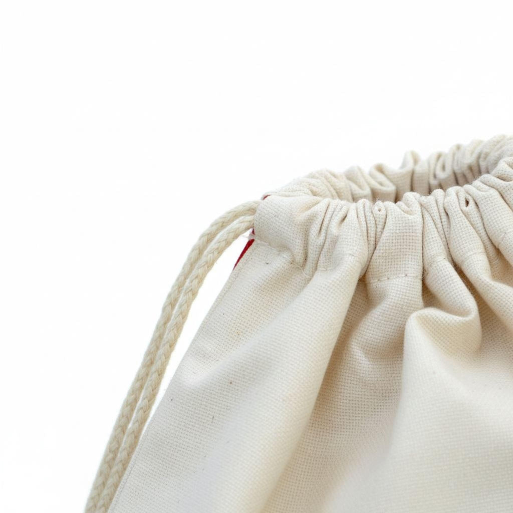 Cream canvas Santa bag top with gathered drawstring opening.