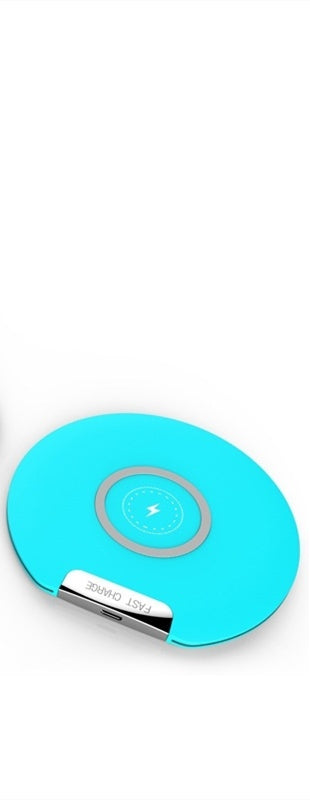 Blue wireless phone charger pad with circular LED power icon