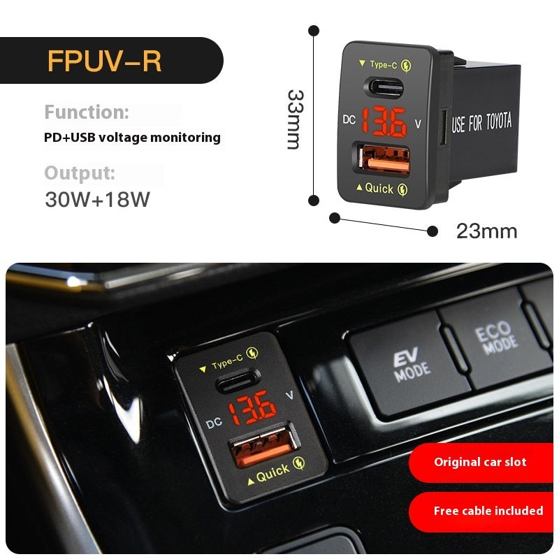 Car phone charger with Type-C and USB ports showing green LED voltage readout