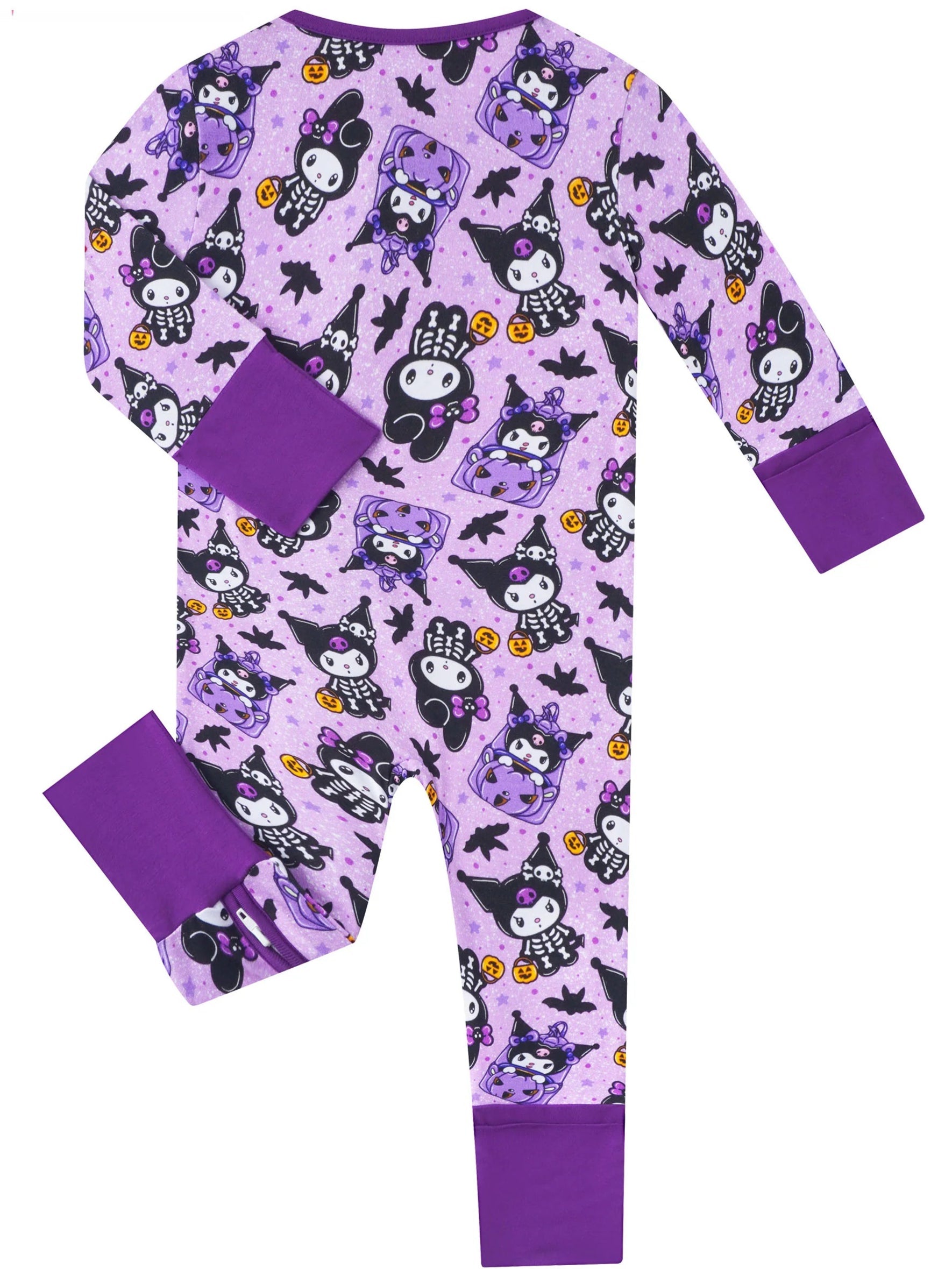 Purple baby zippy romper with repeating cartoon cats, long sleeves, footed