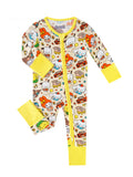 Baby bamboo convertible romper with yellow cuffs and 2-way zip; playful character print pattern