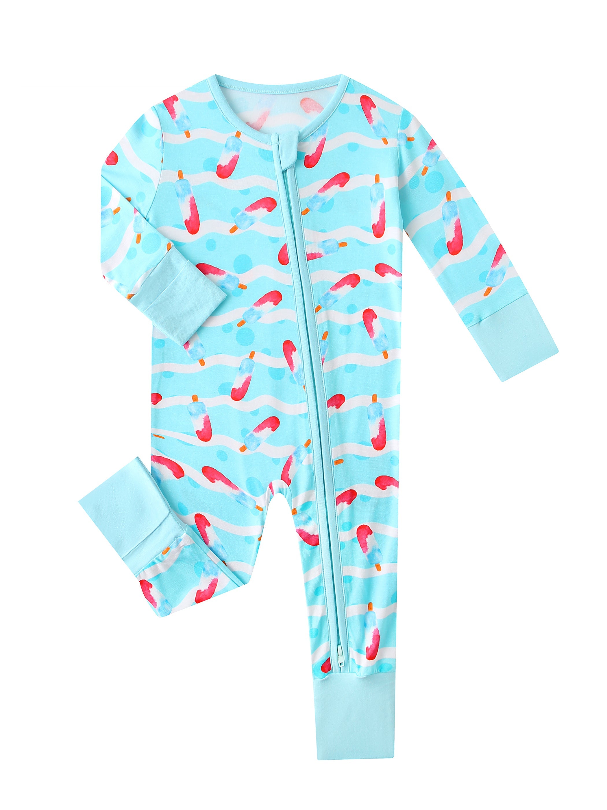 PoshTOT bamboo baby romper in light blue with red ice cream print, full front zipper view