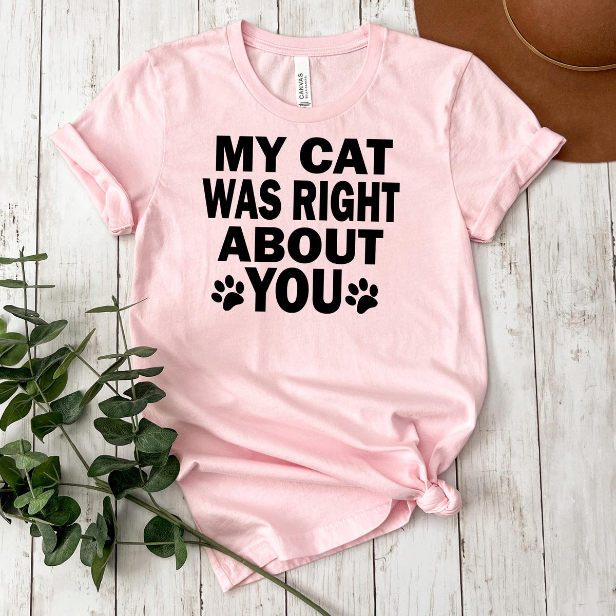 Light pink graphic cat slogan t-shirt with 'MY CAT WAS RIGHT ABOUT YOU' paw print
