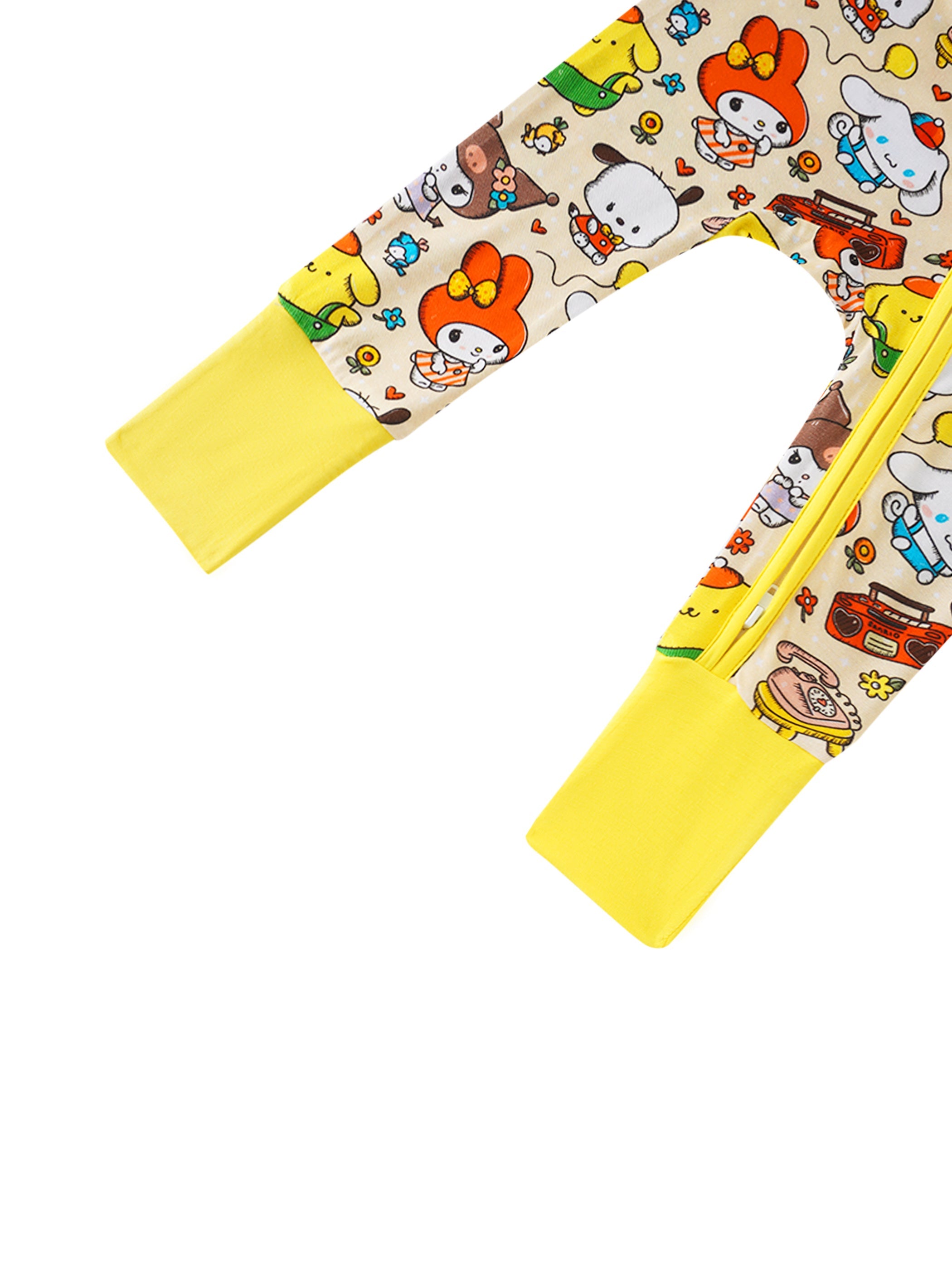 Baby bamboo convertible romper with yellow cuffs and 2-way zip; repeating character pattern