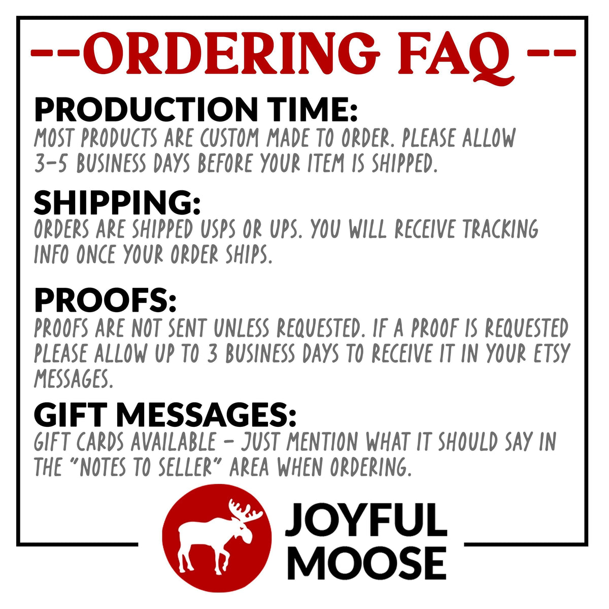 Ordering and shipping FAQ card with Joyful Moose logo