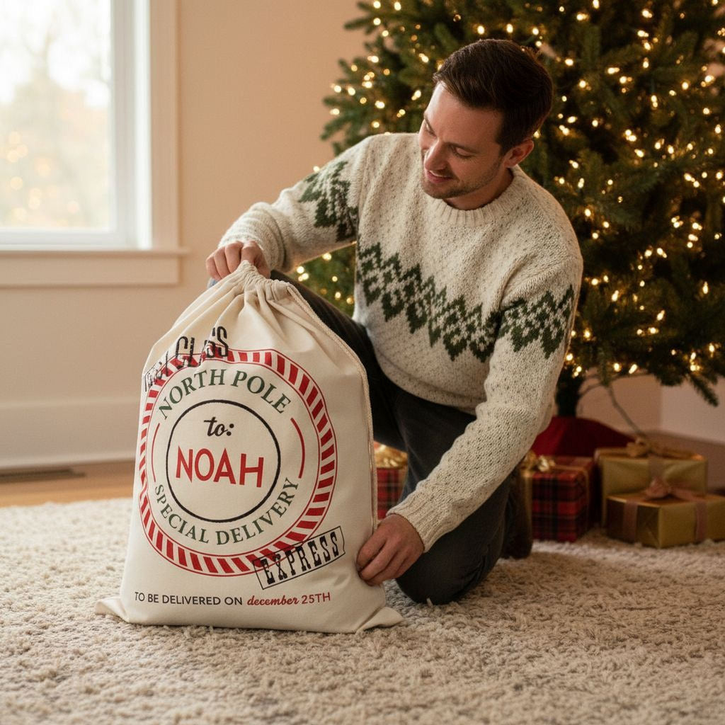 Cream drawstring Santa bag on the floor with North Pole seal and Noah name.