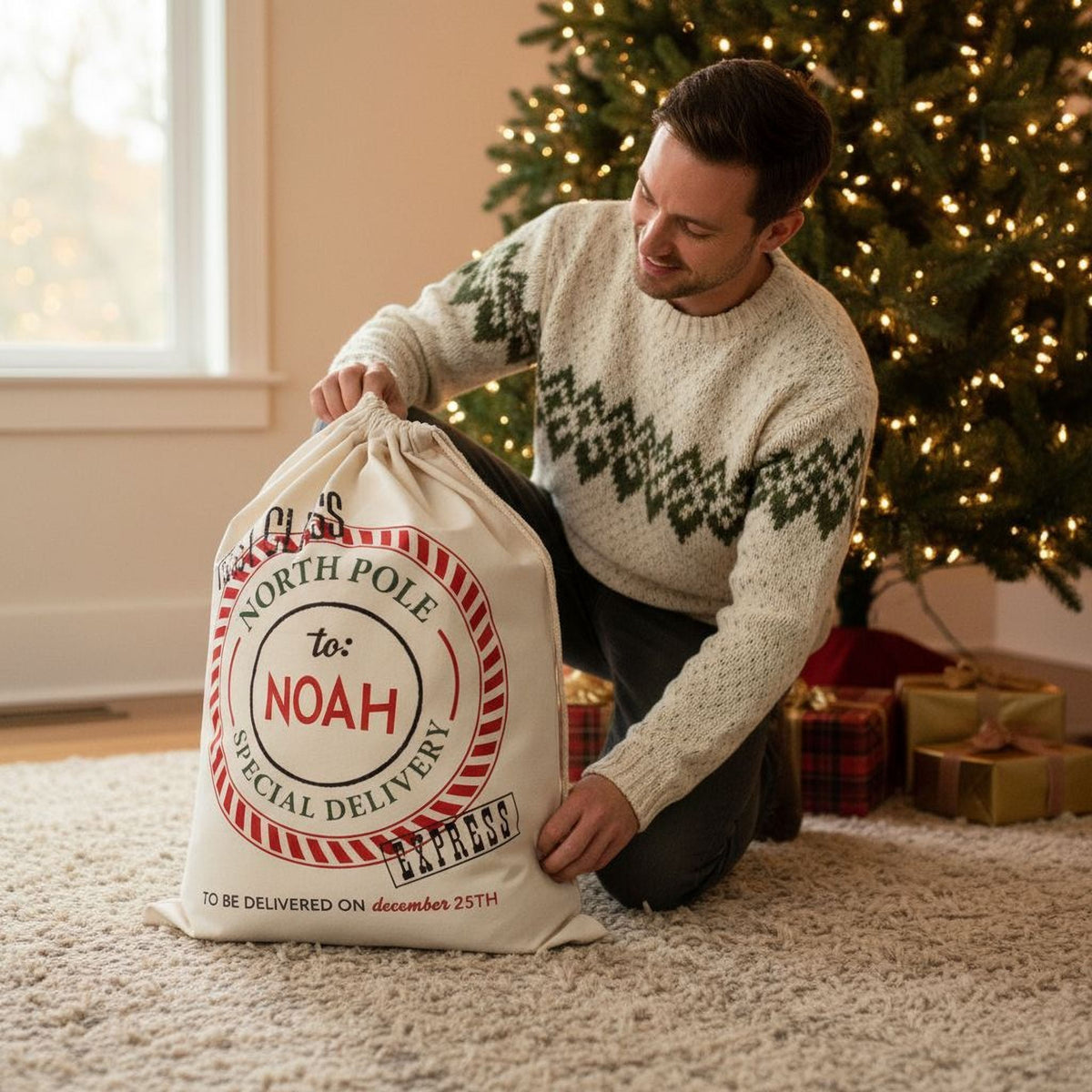 Cream drawstring Santa bag on the floor with North Pole seal and Noah name.