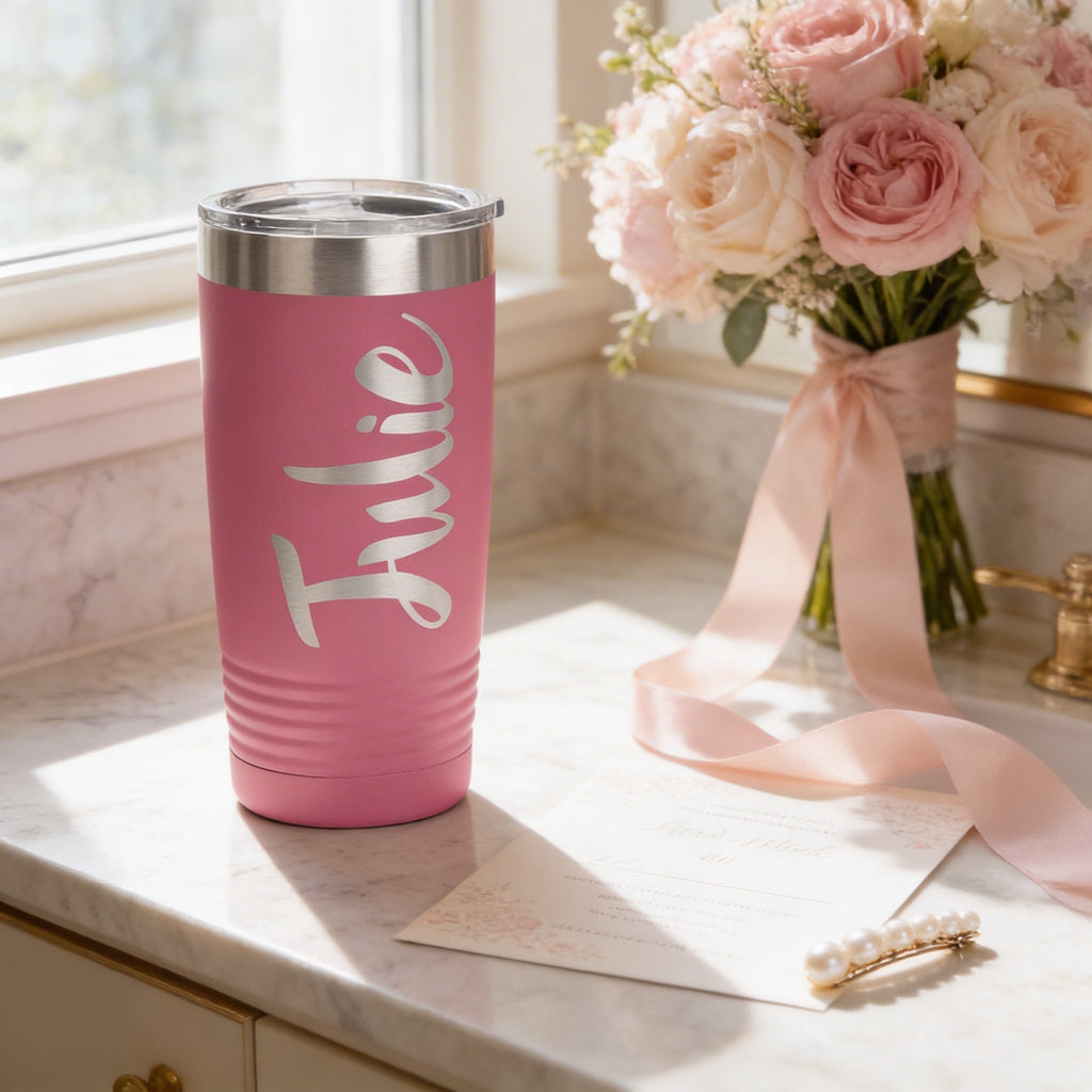 Pink insulated travel tumbler with silver lid and white name design