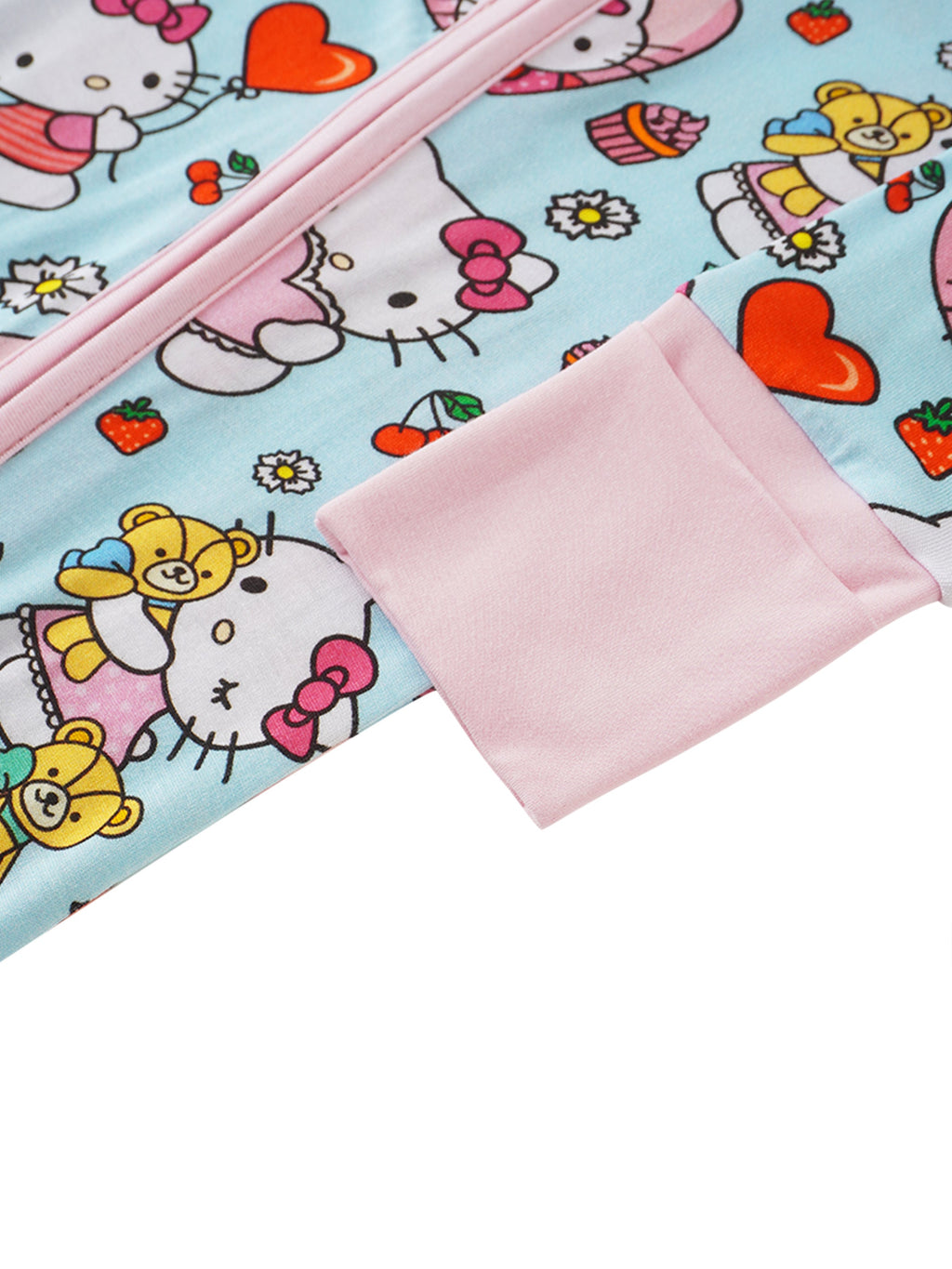 Bamboo baby romper sleeve cuff detail with pink trim and Hello Kitty friends pattern