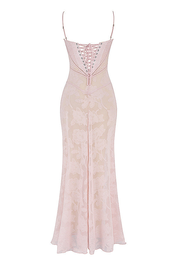 Pink lace suspender dress with floral pattern, corset-style lace-up bodice, long skirt