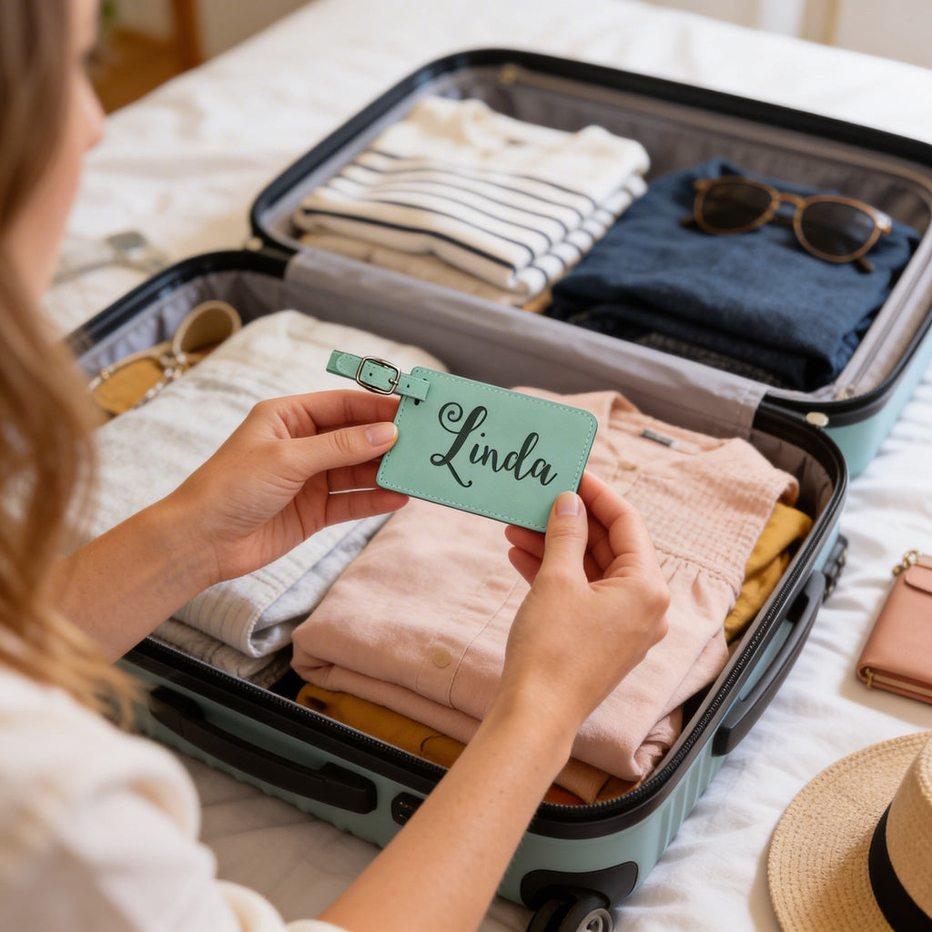 Mint leather luggage tag with engraved name Linda clipped to suitcase handle