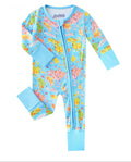 PoshTOT baby convertible bamboo romper in light blue with world map print and zip front